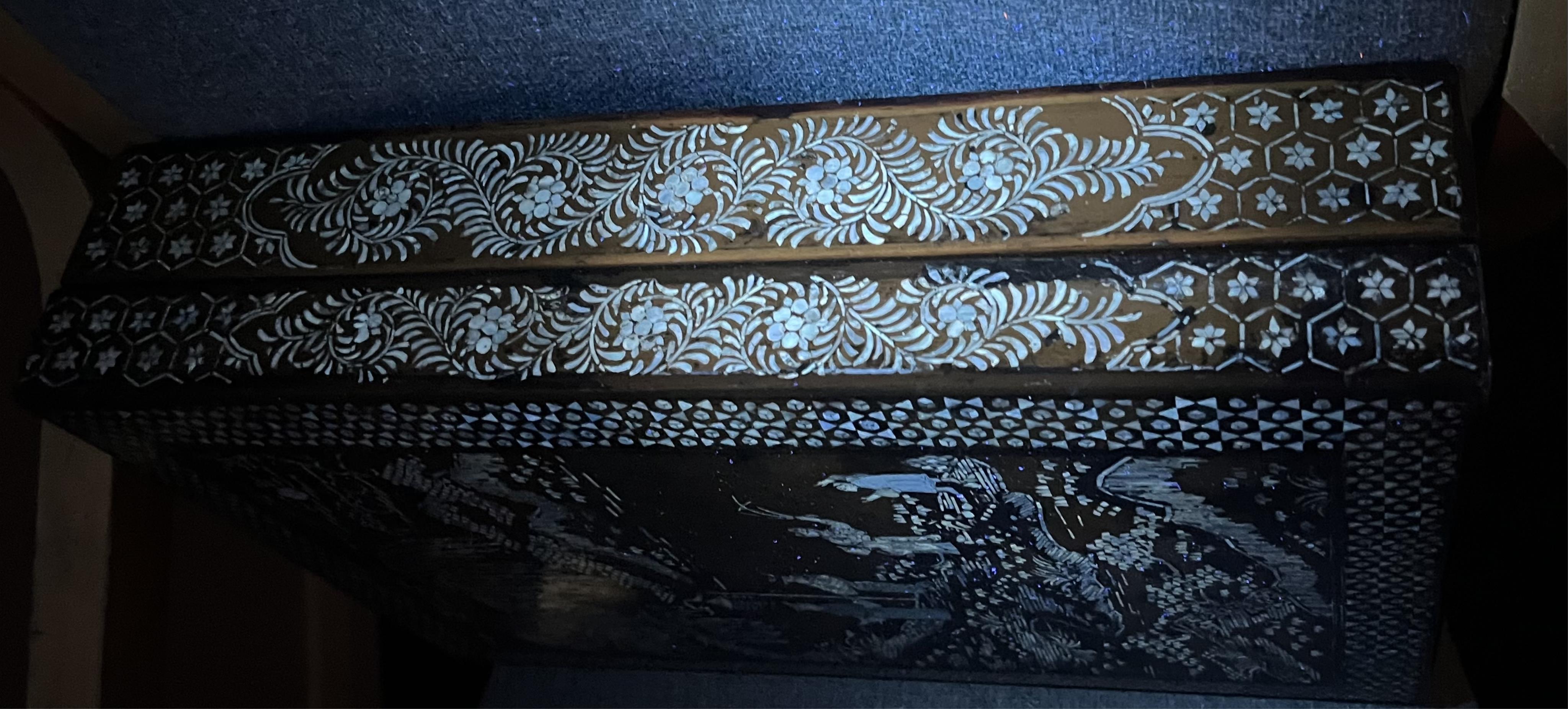 A Chinese Ming mother-of-pearl inlaid lacquer document box and cover, 15th century